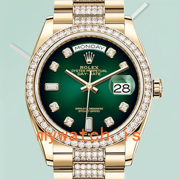 Rolex Day-Date 36mm Mens m128348rbr-0036 Green Dial Gold-tone: Genuine vs. Replica